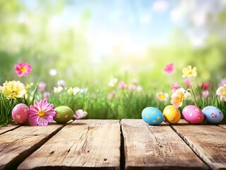 Wooden table with easter or spring theme blurred background