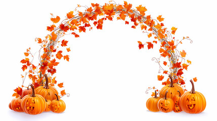 Halloween themed arch with pumpkins and autumn leaves, white isolated background. Mystic Arch. Illustration