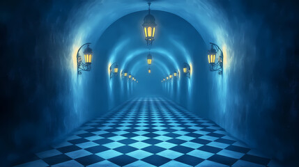 Mystical arched corridor with glowing lanterns and checkered floor stretching into blue infinity illustration background. Mystic Arch. Illustration