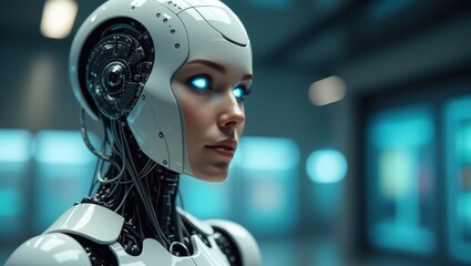 Humanoid female robot with glowing eyes in a futuristic laboratory setting during a technology demonstration
