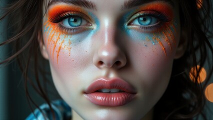 Creative experimental makeup featuring vibrant rainbow streaks and blue highlights on a woman, redefining fashion.