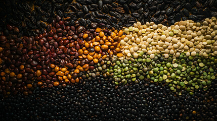An artistic display of legumes forming a gradient from dark to light hues.