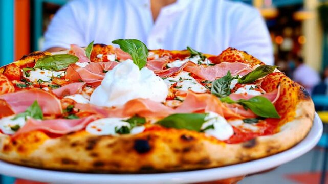 Chef presenting a pizza garnished with fresh basil leaves, creamy burrata cheese, and savory prosciutto