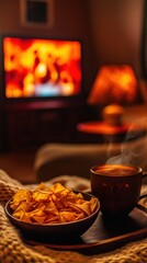 Cozy living room scene with snacks, soft blanket, glowing TV, and warm lighting