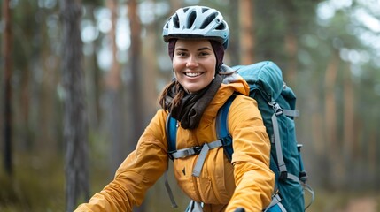 Happy woman with mountain bike in forest - Outdoor portrait of female cyclist enjoying nature