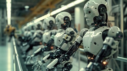 Fototapeta premium Assembly Line of Advanced Humanoid Robots in a Futuristic Factory