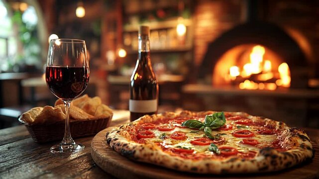 Rustic wooden table displaying appetizing pizza slice alongside red wine glass, traditional brick pizza oven softly blurring background