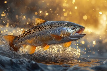 Obraz premium majestic silver salmon leaping through crystalclear mountain stream water droplets sparkling in golden sunset light photorealistic detail