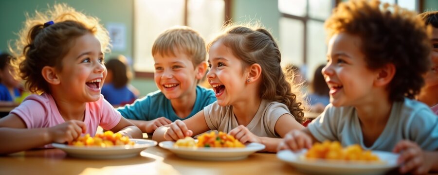 Cheerful children enjoy lunch in sunlit school cafeteria. Group of kids laugh, eat happily. Healthy mealtime activity in bright classroom setting. Friends gather for nutritious meal. Positive school - Powered by Adobe