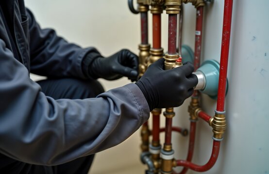 Plumber wearing protective gloves repairs water heater tank. Skilled technician performs efficient plumbing maintenance. Pro plumbing service ensures high quality. Expert installs plumbing system. - Powered by Adobe