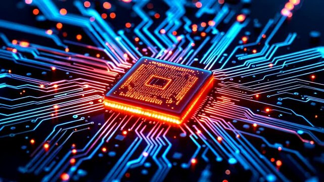 Glowing Computer Processor CPU with Circuit Board Paths in Neon Blue and Orange Colors. Modern Technology, Digital Innovation and Computing Power Visualization with Free Space for Text