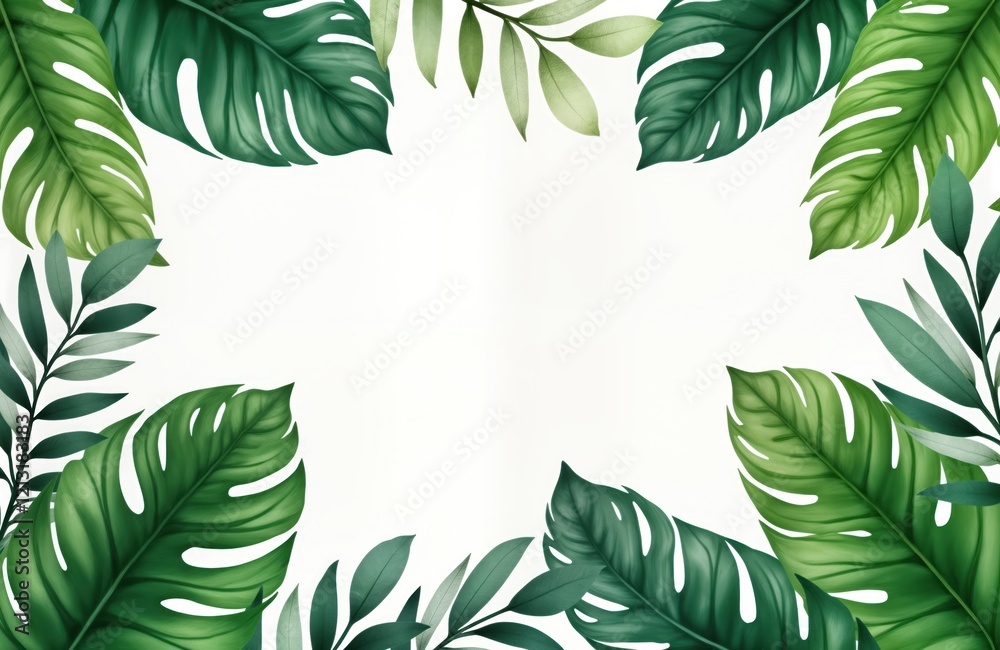 Poster tropical leaves create frame around blank center. rich green foliage with various leaf shapes, sizes