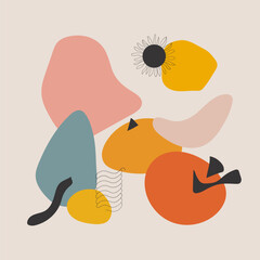 Vector illustration. Abstract shapes, organic lines and plant elements in pastel colors pink, yellow, orange. The effect of lightness and softness.