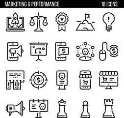 Marketing Growth web line icons. Marketing icons for business. Communication, advertising, ecommerce, seo, content, product, target audience, website, social media.
