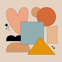 Geometric shapes such as triangles, rectangles, and circles are arranged in a chaotic yet balanced order. The main colors are yellow, orange, blue.