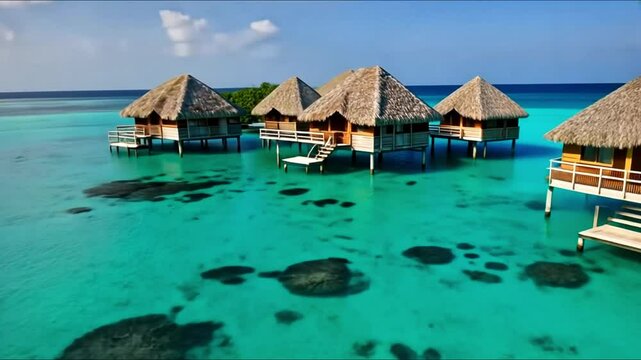 Tropical island with thatched-roof huts on stilts over the water, surrounded by turquoise lagoons and coral reefs.