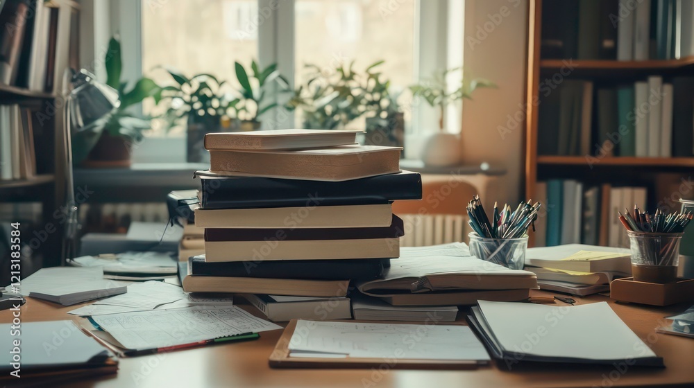 Poster a cluttered desk with a stack of books, papers, and writing utensils near a window.