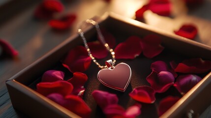 Heart pendant necklace in box with rose petals on a dark surface for Valentines day