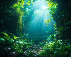 Obraz premium Sunbeams illuminate lush, green jungle path.