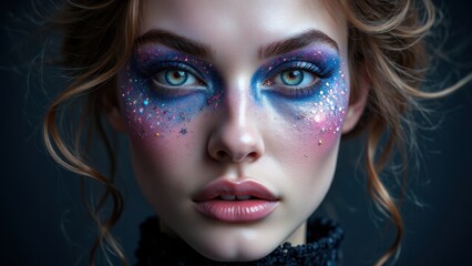 Artistic experimental makeup on a woman with glittery galaxy details, redefining modern cosmic fashion aesthetics.