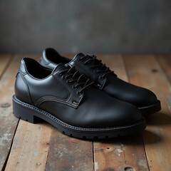 Black shoes isolated on wood background.
