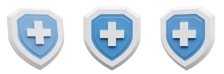 Fototapeta premium Set of icons of Light Blue shield with a cross. Health Protection, insurance. Healthcare. 3d rendering illustration isolated on transparent background, png