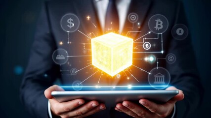 Digital glowing blockchain cube floating over tablet device. Futuristic fintech technology, cryptocurrency and digital banking concept for business presentation with copy space - Powered by Adobe