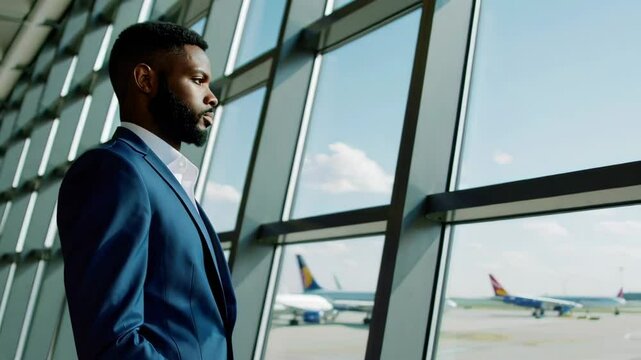 Business Traveler Waiting at Airport Terminal Scene Footage