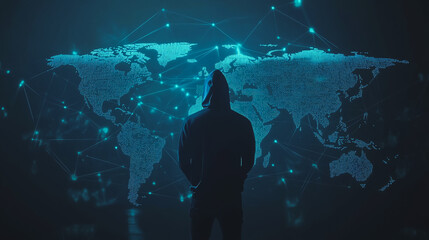 Obraz premium Hacker are planning to hack and attack networks and cyber security systems.team people innovation connection of line from nail node to node on map background , networking concept