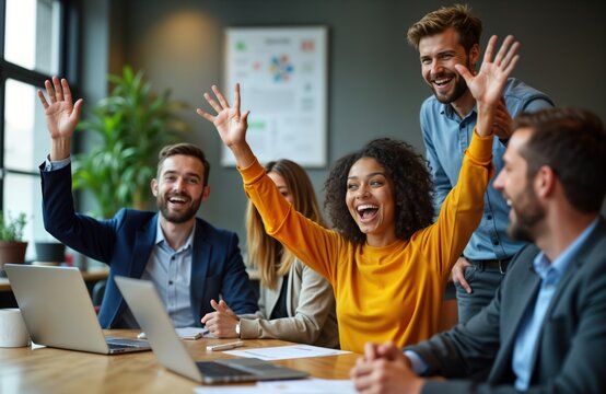 Happy young business people in smart casual wear fun during meeting in creative office. Smiling, raising hands, likely participating in discussion QA. Teamwork, collaboration evident. Energetic