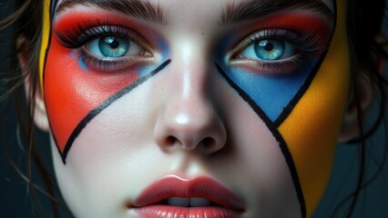 Experimental makeup showcasing bold geometric shapes in vivid colors, emphasizing creative artistry.