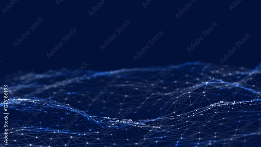 Poster Dynamic wave of glowing particles. Digital technology background. 3d rendering. Seamless loop. 4k	