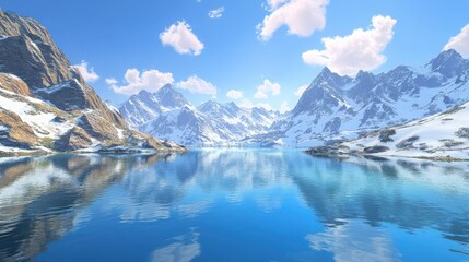 Naklejka premium A tranquil lake surrounded by snowy mountains, with clear blue skies and a few wispy clouds drifting by 