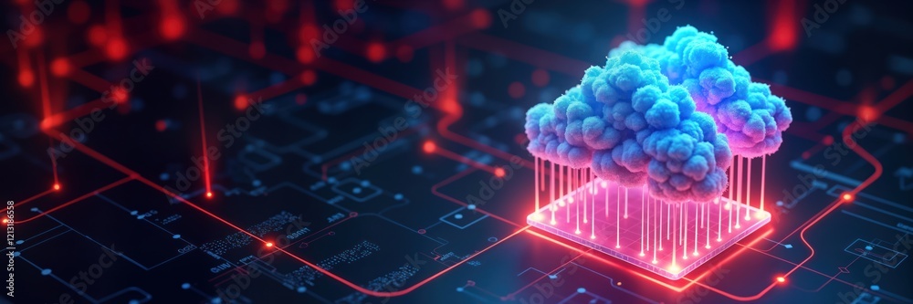 Aufkleber futuristic illustration of cloud computing tech. glowing neon cloud structure above glowing tech squ