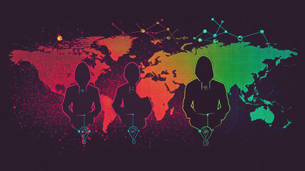 Obraz premium Hacker are planning to hack and attack networks and cyber security systems.team people innovation connection of line from nail node to node on map background , networking concept