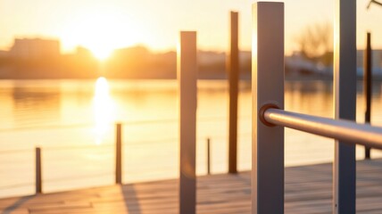 Sunset fitness routine at outdoor wooden deck by the lake