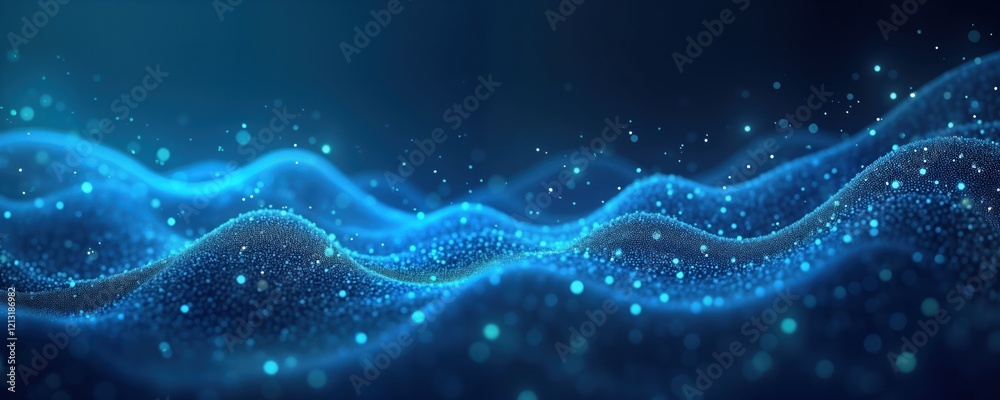 Poster Abstract blue digital landscape with glowing particles. Dynamic tech illustration conveys data flow AI concept. Light, energy streams through textured surface. Evokes futuristic tech, innovation in