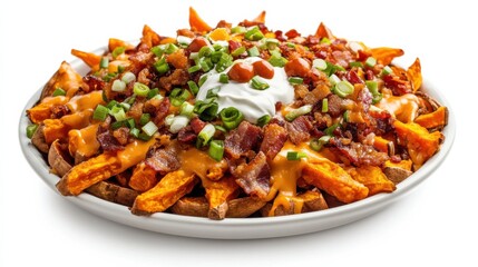 A platter of loaded sweet potato fries topped with melted cheese, crispy bacon bits, green onions