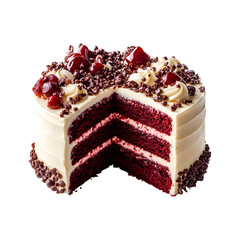Red Velvet Celebration Cake with Slice Missing on transparent background