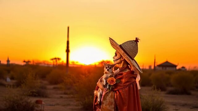 La llorona, La Santa Muerte. Mexican Skull female catrina  adorned with flowers holding a chihuahua dog