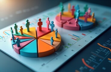 Colorful pie charts display market segmentation analysis. Demographic icons represent various customer groups within distinct market sectors. Data visualization tech clearly shows consumer behavior
