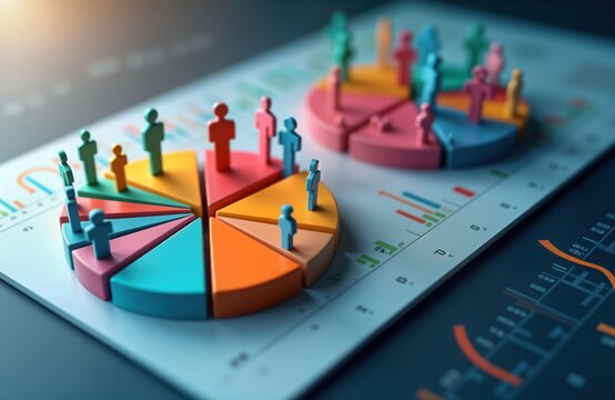Colorful pie charts display market segmentation analysis. Demographic icons represent various customer groups within distinct market sectors. Data visualization tech clearly shows consumer behavior