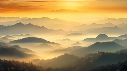 Obraz premium Sunrise over a serene mountain range, bathed in soft, golden light