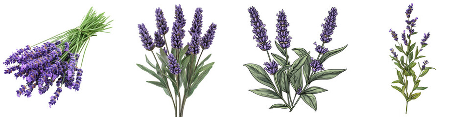 Fototapeta premium Fresh Lavender Sprig – A sprig of fragrant lavender with its signature purple blooms. Isolated on Clear White Background Highly Detailed