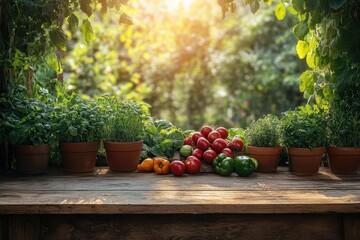 mediterranean kitchen garden with terracotta pots of fresh herbs vintage wooden table and sunlit vegetables arranged artistically