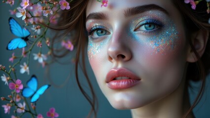 Obraz premium Glitter butterfly makeup with floral and pastel elements, blending creativity and natural elegance.