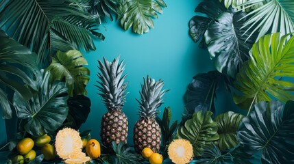 Fototapeta premium Tropical fruits and leaves in a vibrant arrangement
