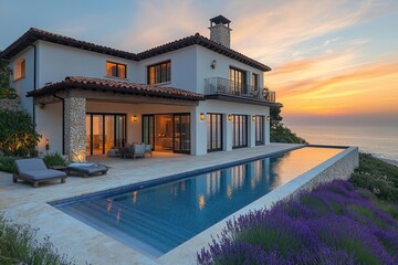 mediterranean villa with cascading terraces lavender gardens infinity pool overlooking private white sand beach hamptons golden hour light
