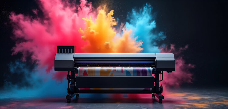 Large format printer producing vibrant colours. Advanced tech equipment prints vivid graphics on wide media. Modern machine shows high quality output. Commercial printing in pro office setting. AI