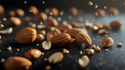 A close-up shot of hazelnuts and almonds scattered across a smooth dark surface, with a focus on their smooth surfaces and organic textures.